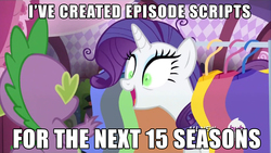 Size: 1600x900 | Tagged: safe, edit, edited screencap, screencap, rarity, spike, g4, inspiration manifestation, corrupted, image macro, inspirarity, meme, possessed