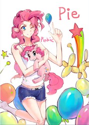 Size: 663x930 | Tagged: safe, artist:cuhenghdj, pinkie pie, human, pony, g4, balloon, clothes, eared humanization, holding a pony, humanized, looking at you, midriff, one eye closed, raised leg, self ponidox, simple background, smiling, socks, white background, white socks