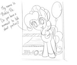 Size: 1280x1078 | Tagged: safe, artist:mcsadat, pinkie pie, g4, balloon, female, jehovah's witness, monochrome, solo