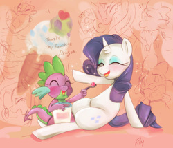 Size: 1000x854 | Tagged: safe, artist:girlieginger, rarity, spike, g4, inspiration manifestation, collage, feeding, female, food, ice cream, male, scene interpretation, ship:sparity, shipping, straight