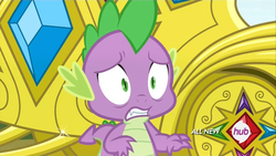 Size: 1366x768 | Tagged: safe, screencap, spike, dragon, g4, inspiration manifestation, hub logo, male, scared, solo