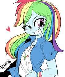 Size: 846x1000 | Tagged: safe, artist:nekubi, rainbow dash, equestria girls, g4, armband, blushing, clothes, female, heart, looking at you, one eye closed, simple background, solo, white background, wink