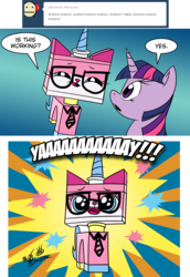 Size: 836x1218 | Tagged: safe, artist:fractiouslemon, twilight sparkle, alicorn, pony, g4, ask, biznis kitty, business business business numbers, carla castañeda, comic, crossover, female, lego, mare, tara strong, the lego movie, tumblr, twilight sparkle (alicorn), unikitty, voice actor joke