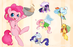 Size: 1088x704 | Tagged: dead source, safe, artist:omgproductions, applejack, fluttershy, pinkie pie, rainbow dash, rarity, twilight sparkle, alicorn, food pony, original species, pony, g4, clothes, costume, cupcake, cupcake costume, cute, female, food, food costume, mane six, mare, mouth hold, ponified, rope, twilight sparkle (alicorn), whisk