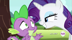 Size: 1920x1080 | Tagged: safe, screencap, rarity, spike, g4, inspiration manifestation, hub logo, out of context