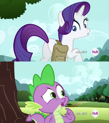 Size: 1920x2160 | Tagged: safe, screencap, rarity, spike, pony, g4, inspiration manifestation, all new, butt, female, hub logo, mare, out of context, plot