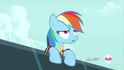 Size: 1920x1080 | Tagged: safe, screencap, rainbow dash, pegasus, pony, g4, inspiration manifestation, bedroom eyes, clothes, cloud, derp, faic, female, hub logo, open mouth, rainbow dash always dresses in style, sky, solo