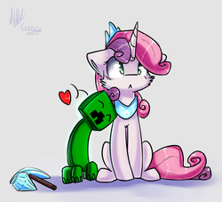Size: 1791x1623 | Tagged: safe, artist:suplolnope, sweetie belle, pony, unicorn, g4, :<, creeper, crossover, crossover shipping, floating heart, heart, interspecies, minecraft, simple background, snuggling, this will end in tears and/or death