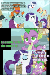 Size: 800x1200 | Tagged: safe, claude, rarity, spike, g4, inspiration manifestation, comic, image macro, meme, puppet