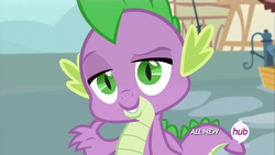 Size: 1440x810 | Tagged: safe, screencap, spike, dragon, g4, inspiration manifestation, all new, dreamworks face, hub logo, male, solo, text