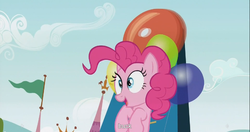 Size: 1441x762 | Tagged: safe, screencap, pinkie pie, earth pony, pony, g4, inspiration manifestation, balloon, female, high striker, mare, meme, solo, youtube caption