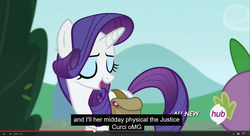 Size: 1600x870 | Tagged: safe, screencap, rarity, spike, g4, inspiration manifestation, hub logo, meme, omg, youtube caption