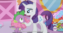 Size: 1439x763 | Tagged: safe, screencap, rarity, spike, g4, inspiration manifestation, hub logo, meme, youtube caption