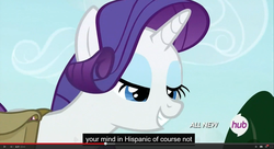 Size: 1600x870 | Tagged: safe, screencap, rarity, g4, inspiration manifestation, female, hub logo, meme, solo, youtube caption