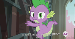 Size: 1440x761 | Tagged: safe, screencap, spike, dragon, g4, inspiration manifestation, hub logo, male, meme, solo, youtube caption