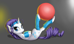 Size: 1852x1111 | Tagged: safe, artist:zigword, rarity, pony, unicorn, g4, alternate hairstyle, armband, ball, exercise, exercise ball, female, headband, hoof hold, leg warmers, legs in air, mare, on back, smiling, solo, yoga