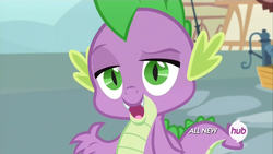 Size: 1440x810 | Tagged: safe, screencap, spike, dragon, g4, inspiration manifestation, all new, dreamworks face, hub logo, male, solo, text