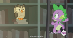 Size: 1439x762 | Tagged: safe, screencap, owlowiscious, spike, g4, inspiration manifestation, hub logo, meme, youtube caption