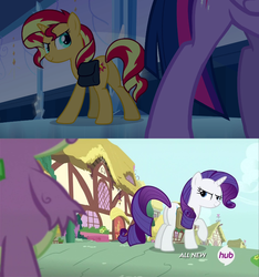 Size: 772x824 | Tagged: safe, screencap, rarity, spike, sunset shimmer, twilight sparkle, pony, unicorn, equestria girls, g4, inspiration manifestation, all new, butt, comparison, female, hub logo, mare, plot, twilight sparkle (alicorn)