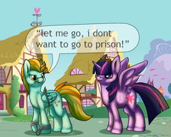 Size: 1024x819 | Tagged: safe, artist:jenny96ist, lightning dust, twilight sparkle, alicorn, pony, g4, arrested, bound wings, chains, crown, cuffs, duo, female, frown, glare, grammar error, mare, new crown, shackles, spread wings, twilight sparkle (alicorn)