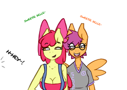 Size: 1280x907 | Tagged: safe, artist:somescrub, apple bloom, scootaloo, earth pony, anthro, ask nudist sweetie belle, g4, barely legal, breasts, busty apple bloom, cleavage, glasses, older