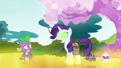 Size: 1021x574 | Tagged: safe, screencap, rarity, spike, dragon, pony, unicorn, g4, inspiration manifestation, corrupted, crystal tree, duo, female, glowing eyes, golden road, green eyes, hub logo, inspirarity, male, mare, possessed