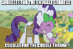 Size: 368x248 | Tagged: safe, screencap, rarity, spike, dragon, pony, unicorn, inspiration manifestation, animated, blood for the blood god, duo, eyes closed, female, golden road, image macro, imma snuggle you, khorne, male, mare, meme, saddle bag, skulls for the skull throne, snuggling, spikelove, warhammer (game), warhammer 40k