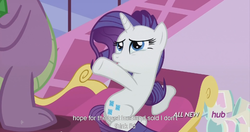 Size: 1439x761 | Tagged: safe, screencap, rarity, spike, g4, inspiration manifestation, hub logo, meme, youtube caption