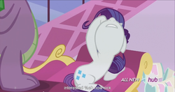 Size: 1440x763 | Tagged: safe, screencap, rarity, spike, g4, inspiration manifestation, hub logo, meme, youtube caption