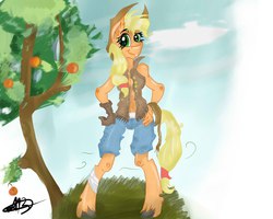 Size: 1280x1024 | Tagged: safe, artist:kotofoney, applejack, earth pony, anthro, unguligrade anthro, g4, clothes, female, rope, solo, standing