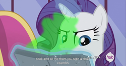 Size: 1440x762 | Tagged: safe, screencap, rarity, g4, inspiration manifestation, female, hub logo, magic, meme, possession, solo, youtube caption