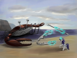 Size: 1600x1200 | Tagged: safe, artist:fahu, rarity, oc, oc:tom the crab, giant crab, pony, unicorn, g4, duo, rarity fighting a giant crab