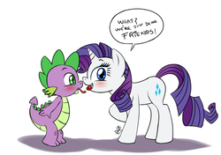 Size: 1200x843 | Tagged: safe, artist:pia-sama, rarity, spike, dragon, pony, unicorn, g4, age difference, best friends, blatant lies, blushing, cherry, cute, dialogue, duo, duo male and female, feeding, female, friendship, hilarious in hindsight, imminent kissing, just friends, looking at you, male, mare, mouth hold, open mouth, raised hoof, ship:sparity, shipping, smiling, spikabetes, spikelove, straight, teasing, tongue out