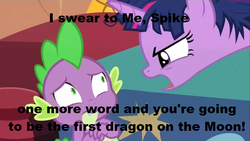 Size: 639x360 | Tagged: safe, screencap, spike, twilight sparkle, alicorn, pony, g4, inspiration manifestation, angry, eye contact, female, frown, glare, image macro, mare, meme, messy mane, open mouth, to the moon, twibitch sparkle, twilight sparkle (alicorn), tyrant sparkle, wide eyes