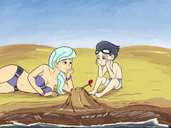 Size: 1463x1097 | Tagged: safe, artist:aa, flitter, rumble, human, g4, beach, belly button, bikini, clothes, cute, duo, female, flag, goggles, humanized, male, sandcastle, ship:flitterumble, shipping, straight, sunscreen, swimsuit