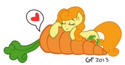 Size: 2200x1141 | Tagged: safe, artist:wonderwaifu, carrot top, golden harvest, g4, carrot, eyes closed, female, food, heart, simple background, size difference, smiling, solo, speech bubble, transparent background