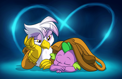 Size: 1419x916 | Tagged: safe, artist:mickeymonster, gilda, spike, dragon, griffon, g4, commission, crack shipping, eyes closed, female, interspecies, male, raised eyebrow, ship:spilda, shipping, sleeping, smiling, spikelove, straight