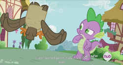 Size: 1440x763 | Tagged: safe, screencap, owlowiscious, spike, g4, inspiration manifestation, hub logo, meme, youtube caption