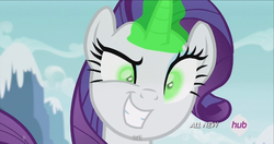 Size: 1440x763 | Tagged: safe, screencap, rarity, pony, unicorn, g4, inspiration manifestation, corrupted, female, hub logo, inspirarity, mare, meme, possessed, solo, youtube caption