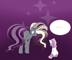 Size: 1280x1081 | Tagged: artist needed, safe, nightmare rarity, sweetie belle, g4, nightmare grayity, obvious punchline incoming, raised hoof, sitting