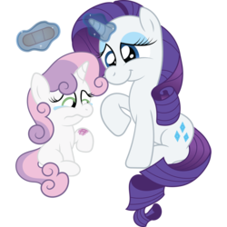 Size: 3500x3500 | Tagged: safe, artist:t-3000, rarity, sweetie belle, pony, unicorn, g4, bandaid, belle sisters, crying, female, filly, foal, high res, horn, injured, magic, mare, siblings, simple background, sisters, transparent background