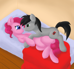 Size: 1600x1499 | Tagged: safe, artist:jonnysalami, pinkie pie, g4, bed, blank flank, crossover, crossover shipping, cuddling, dan, dan pie, dan vs, eye contact, fanfic, fanfic art, female, hug, male, on back, on side, pinkiedan, ponified, shipping, smiling, snuggling, straight, the wheel and the butterfly saga