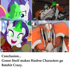 Size: 1047x1044 | Tagged: safe, rarity, g4, inspiration manifestation, comparison, corrupted, inspirarity, inspiration manifestation book, possessed, ratchet, synthetic energon, transformers, transformers prime