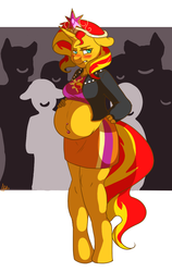 Size: 720x1136 | Tagged: safe, artist:arnachy, sunset shimmer, unicorn, anthro, unguligrade anthro, g4, belly button, belly piercing, bellyring, big crown thingy, blushing, clothes, element of magic, embarrassed, equestria girls outfit, piercing, pregnant