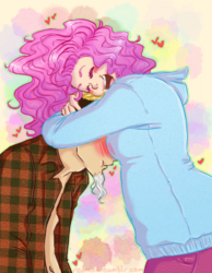 Size: 500x645 | Tagged: safe, artist:redmisa, discord, pinkie pie, human, g4, blushing, boob smothering, female, hug, humanized, male, ship:discopie, shipping, straight
