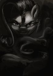Size: 2000x2894 | Tagged: safe, artist:alumx, rarity, g4, inspiration manifestation, dark, fangs, female, grayscale, high res, looking at you, monochrome, solo