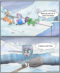 Size: 2040x2480 | Tagged: safe, artist:tobbby92, maud pie, pinkie pie, rainbow dash, twilight sparkle, g4, clothes, comic, family guy, high res, male, rock, snow