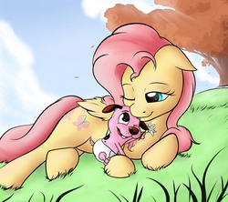 Size: 1400x1244 | Tagged: safe, artist:nobody47, fluttershy, dog, pegasus, pony, g4, courage, courage the cowardly dog, crossover, cute, diabetes, duo, female, flower, fluttermom, folded wings, looking at each other, mare, oh god my heart, on side, one eye closed, outdoors, puppy, shyabetes, smiling, stray strand, wings