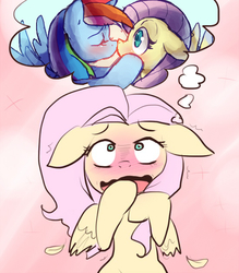 Size: 550x628 | Tagged: safe, artist:mewball, artist:yubi, edit, fluttershy, rainbow dash, pegasus, pony, g4, blushing, eyes closed, feather, female, kiss on the lips, kissing, lesbian, mare, open mouth, ship:flutterdash, shipping, shivering, surprise kiss, thought bubble, wide eyes