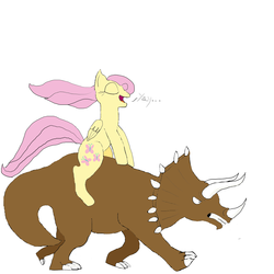 Size: 2000x2000 | Tagged: safe, artist:simon-o-sullivan, fluttershy, dinosaur, pegasus, pony, triceratops, g4, female, high res, mare, ponies riding dinosaurs, riding, simple background, white background